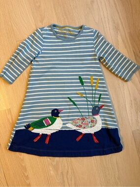 Mini Boden Striped Blue & White Kids Dress with Duck Appliqué